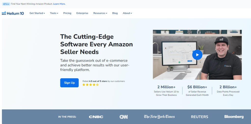Screenshot of Helium10.com demonstrating tools for evaluating product profitability and sales estimates for Amazon sellers.