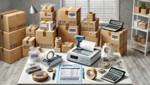 A neatly organized workspace with Amazon FBA supplies, including packing tape, boxes, a thermal printer, barcode labels, and a digital scale, ready for efficient order fulfillment.