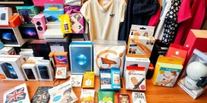 Vibrant retail products on a wooden table.