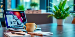 Workspace with laptop and coffee cup for e-commerce.