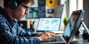 person working on laptop in modern workspace