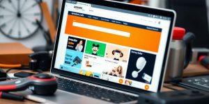 Laptop with Amazon tools and gadgets for e-commerce.