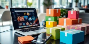 E-commerce tools on a desk, showcasing seller options.
