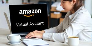 Amazon Virtual Assistant working at a desk with laptop.
