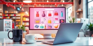 A modern workspace with a laptop and products.