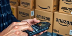 Eine Person benutzt einen Rechner mit Amazon-Paketen im Hintergrund.