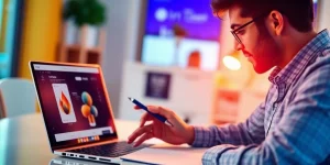 Person analyzing products with laptop and notebook.