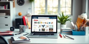 Modern workspace with laptop and product sample