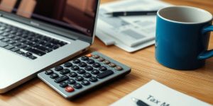 Calculator and laptop in a tidy workspace for tax management.