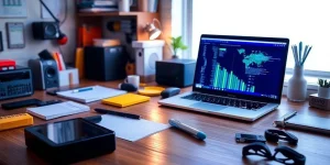 Workspace with tech gadgets for research tools.