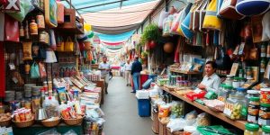 Colorful products displayed in a lively market setting.