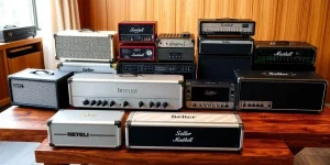 Various seller amplifiers on a wooden table with natural light.