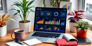 Modern workspace for Amazon sellers with tools and coffee.