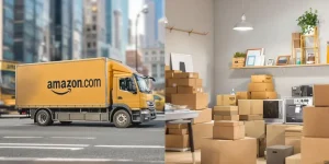 Amazon FBA delivery truck and home office packing boxes.
