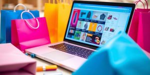 Laptop with product listings and shopping bags around it.