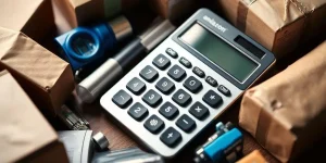 Calculator with products, representing FBA services for sellers.