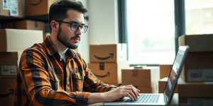 Amazon seller using a laptop to analyze product data.
