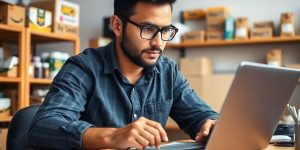 Amazon seller analyzing data on laptop in workspace.