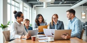 Team collaborating in a modern office for Amazon business.