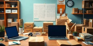 A workspace with tools for selling on Amazon FBA.