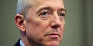 Thoughtful Jeff Bezos in a blurred background portrait.