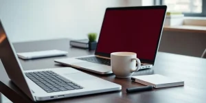Modern office setup with laptop and coffee cup.