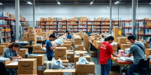 Workers packing orders in an Amazon prep center.