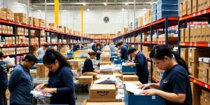 Busy Amazon prep center with workers packing orders.