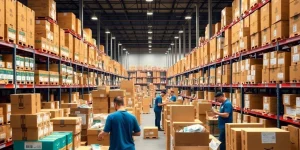 Busy prep center with organized products and packing boxes.