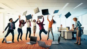 some people in a office throwing things around while a couple of them stay calm in the corner