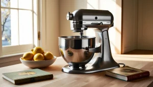 Kitchen Appliance whisk on table with fruit bowl and books