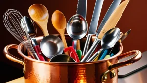 saucepan full of kitchen utensils