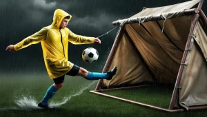 Footballers shooting at a tent outside in the rain wearing a coat