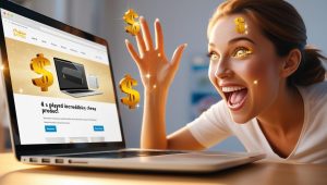 someone finding a really cheap product online and being super excited as the laptop glows gold and the person has cash symbols in there eyes