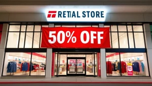 retailer with huge discount sign outside the front 50% OFF!