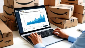 utilizing online tools like keepa graph for amazon products on laptop, while surrounded with boxes for shipping to amazon