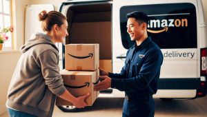 someone handing over there amazon products to a courier to sell on amazon