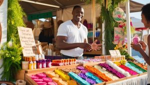 someone selling there products on a market stall trying to build brand awareness