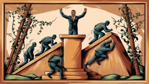 Man standing on podium while others try to attempt to reach the podium with obstacles in the way