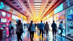 Futuristic retail environment with innovative products and shoppers.