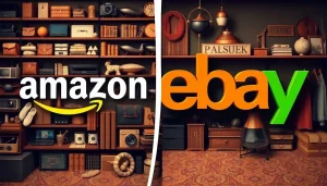 Amazon and eBay logos with diverse products displayed.