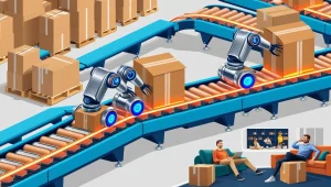 Robots packing boxes on a conveyor belt