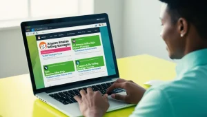 someone on laptop looking a forums to learn some tips to sell on amazon