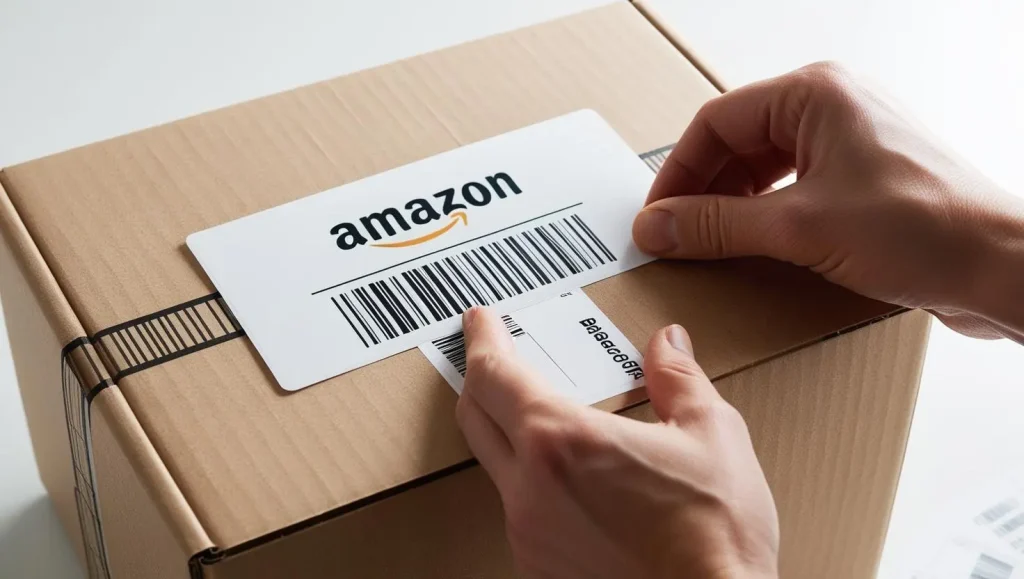 someone applying an amazon fba label to a box, ready to ship into amazon warehouse