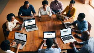 people sitting down near table with assorted laptop computers analyzing different amazon courses