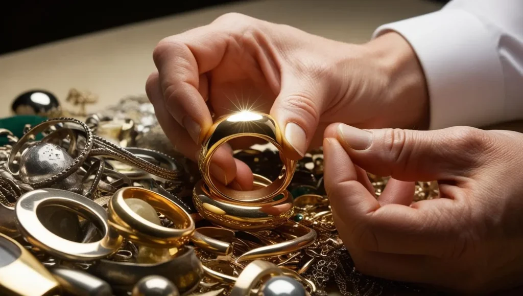expert picking out gold jewlery from pile of old jewlery