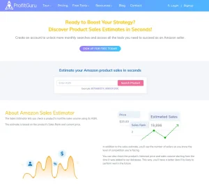 ProfitGuru landing page with free sales estimator