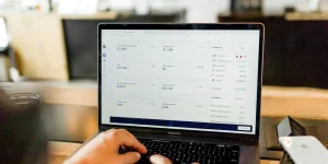 someone using helium10 sales estimator on laptop