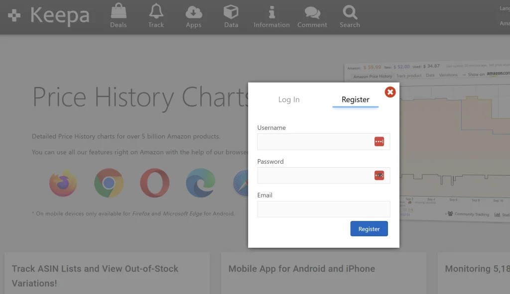 keepa sign up page