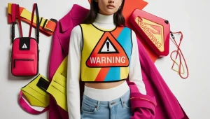 someone wearing colourful fashion with a warning sign on front of here clothing